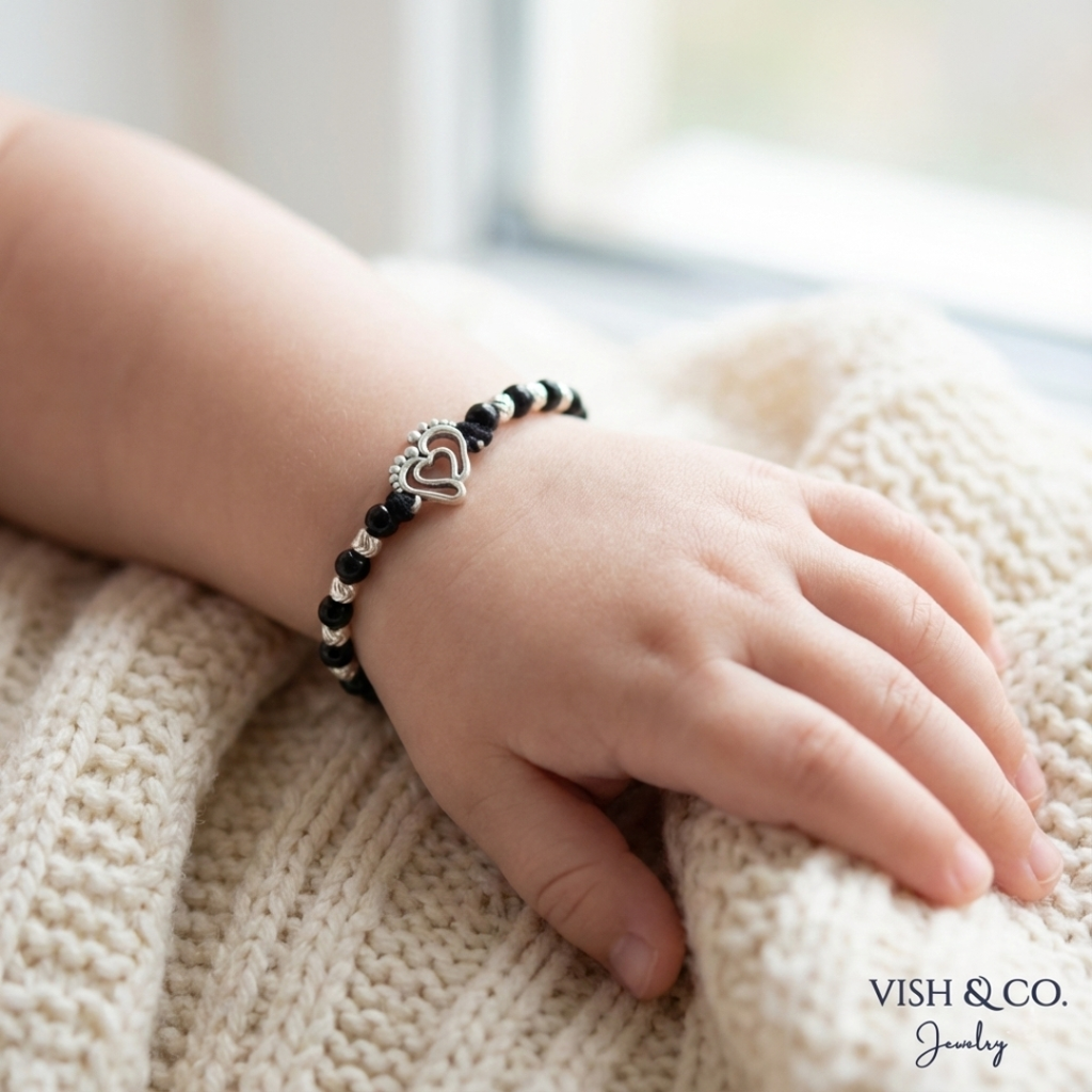 925 Sterling Silver Baby Nazariya Bracelet - Heart & Feet Charm | VishandCo